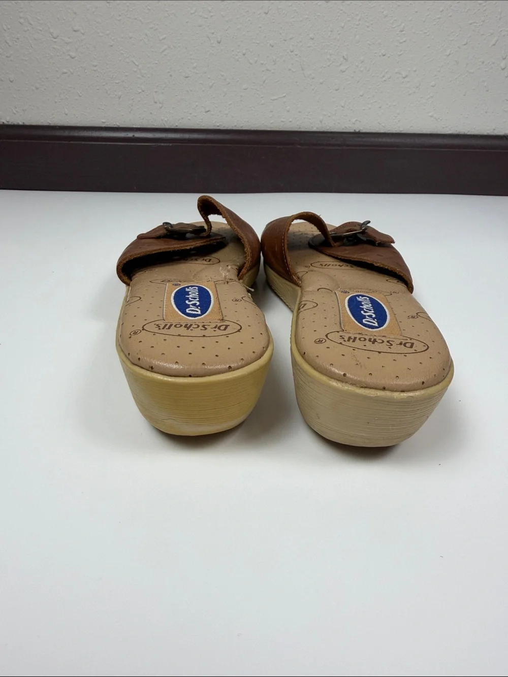 Dr. Scholl’s Brown Leather Sandals Women 8.5 Comfort Buckle Mules Casual Slip On